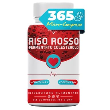 RISO ROSSO FERMENTATO - 365 COMPRESSE (Fornitura 12 Mesi) | Riso Rosso Fermentato Colesterolo | 2,9 mg di Monacolina K | Integratori Colesterolo con Coenzima Q10 | Made in Italy