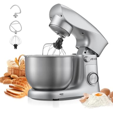 VEVOR Impastatrice Planetaria per la Cottura al Forno, Impastatrice da 1500 W con Ciotola in Acciaio Inossidabile 4,2 L, Gancio per Impastare, Frusta, Inclinazione Regolabile a 10 Velocità