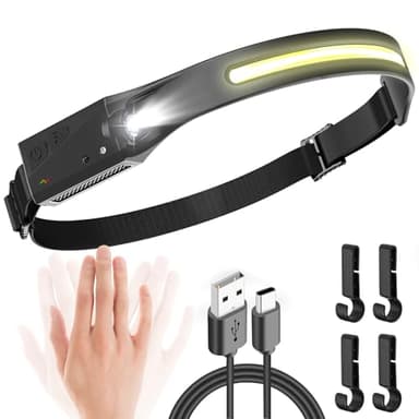 UNBON Torcia Frontale LED Ricaricabile USB C, Lampada Frontale con Sensore Movimento, Torcia da Testa 5 Modalità di Luce, 230°Angolo Ampio, Lampada da Testa Impermeabile IPX4 per Trekking Corsa Pesca