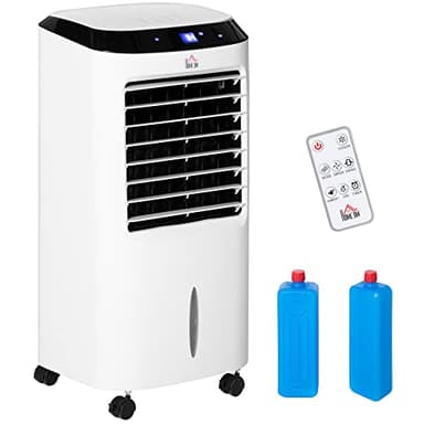HOMCOM Condizionatore Portatile 4 in 1, Serbatoio 10L, Ventilatore, Umidificatore con Ghiaccio e Deumidificatore, 3 Velocità, 9 Modalità e Telecomando, Timer 8 Ore, 60W in ABS, 38.2x31.6x76 cm, Nero