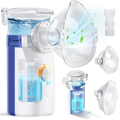 Aerosol Portatile Silenzioso, Wholede Macchina Aerosol per Adulti e Bambini, Aerosol Ultrasuoni con 2 Maschere E Boccaglio, 2 Modalità Regolabili, USB-C Ricaricabile(Blu)