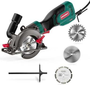 HYCHIKA Mini Sega Circolare 750W 3500RPM, Sega Compatta con 3 Lame (24T/60T/9T) per Legno, Metallo e Piastrelle, Taglio Inclinato 45°/90° (Profondità Max 48mm), Fai da Te