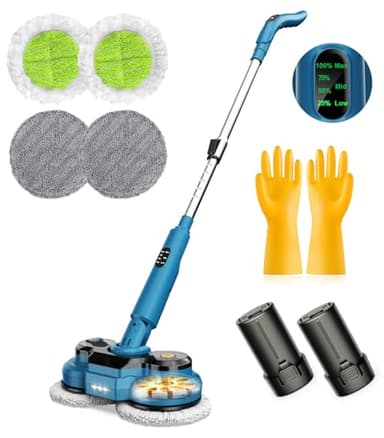 Mocio Elettrico Cordless da 21V, 300ML Serbatoio, Illuminazione a LED, 4 Cuscinetti, Mop Elettrico Lavapavimenti senza Fili con Faro LED e Spruzzatore, per Pavimenti in Legno Duro e Piastrelle