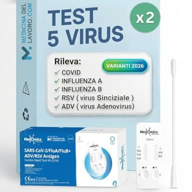 2 x Test Combo 5in1, Tamponi rapido covid 19 varianti 2026 + Influenza A o B + Virus RSV Sinciziale + Virus ADV Virus respiratorio Adenovirus, Test rapido Adulti e bambini, 2 pz
