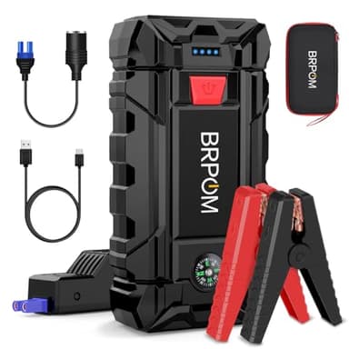 BRPOM Avviatore Batteria Auto, 9000A 26800mAh Avviatore di Emergenza per Auto/Moto, (Motori Fino a 10.0L Gas o 8.0L Diesel) Torcia a LED,Porta USB da per Smartphone