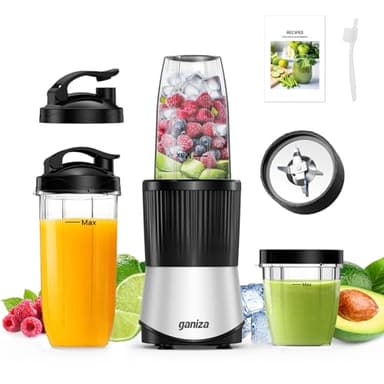 Ganiza Smoothie Maker, Mini Standmixer da 900W, Mixer con 25.000 giri/min, 3 Bicchieri Tritan da Asporto (300ml & 500ml & 700ml), 4 Lame Asimmetriche, per Ogni Tipo di Frullato e Smoothie, Argento