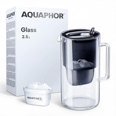 AQUAPHOR Caraffa Filtrante per Acqua in Vetro con 1 Cartucce MAXFOR+ 200L - Capacità 2,5 L - Nero