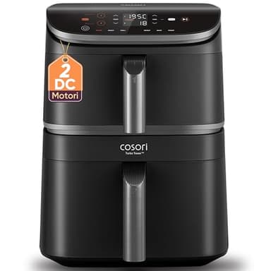 COSORI Turbo Tower Friggitrice ad Aria 10,8L con Cestelli Verticali, Cottura Salvaspazio a 3 Livelli, 2630W, 6 Funzioni, 2 Motori DC, 50+ Ricette Complete Online,CAF-DC111,Grigio