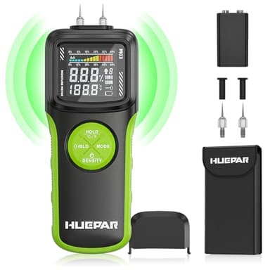 Misuratore di umidità – Huepar Igrometro Professionale con Modalità Pin e Senza Pin, Rilevatore di Umidità con Display LED e Allarme a 3 Colori, Igrometro Adatto per Pareti, Legno, Intonaco, Muratura