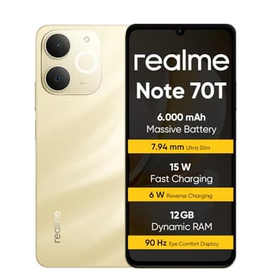 realme Note 70T Smartphone 4+256GB, Batteria da 6.000 mAh, Ricarica rapida da 15 W con carica inversa da 6 W, 24 GB di RAM dinamica, Display con comfort visivo da 90 Hz, oro