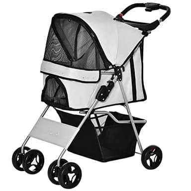 PawHut Passeggino per Cani Piccoli Pieghevole, Carrozzina per Cani con Ruote con Freni, Portabicchieri, Cestino Portaoggetti, 3 Finestre e Ruote Anteriori a 360°, per Animali Domestici 10 kg, Grigio