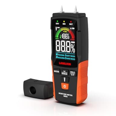 LASELION Misuratore di Umidità 2 in 1 - Detezione 0-40mm, Igrometro Professionale Con e Senza Puntine, per Legno, Calcestruzzo e Costruzione - Display LCD, Torcia, Spengimento Automatico - MS03