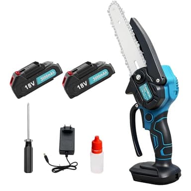 Mini Motosega a Batteria da 6 pollici con 2 batterie da 3.0Ah e cavo di ricarica, funzione di blocco di sicurezza per giardinaggio, potatura e taglio efficiente del legno (motore potente)