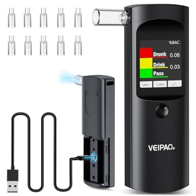 VEIPAO Etilometro Portatile Certificato Alcol Test: Alcoltest Professionale Italiano con 11 Boccagli - Etilometri con Schermo LCD Digitale Alta Precisione per Uso Personale Casa Test, Nero
