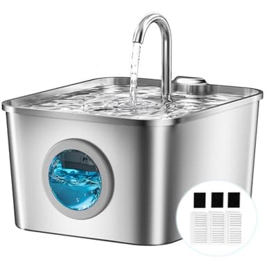 Fontanella per Gatti Acciaio Inox: 2,6L Fontana per Gatti, Ultra Silenzioso, Quadruplo Filtrazione, Cavo Automatico Fontanella Gatto con Rubinetto 3 Filtri e 3 Spugne LED, Facile da Pulire