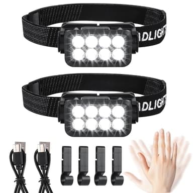 Set di 2 lampade frontali LED ricaricabili - Super luminose - 2500 lumen - 5 modalità di illuminazione - Leggere - IPX6 - Impermeabili - Sensore di luce - Per esterni, campeggio, corsa, pesca, le