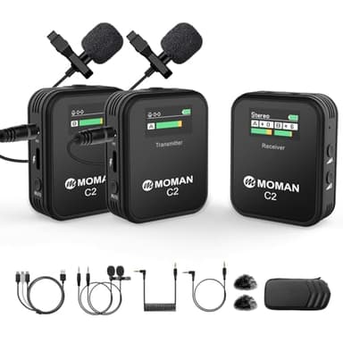 Moman Microfono Lavalier Wireless Professionale, C2X 2.4GHz Microfoni Senza Fili con Schermo TFT per Fotocamera Reflex Videocamera Smartphone Laptop, Microfono-Lavalier-Wireless-Senza-Fili