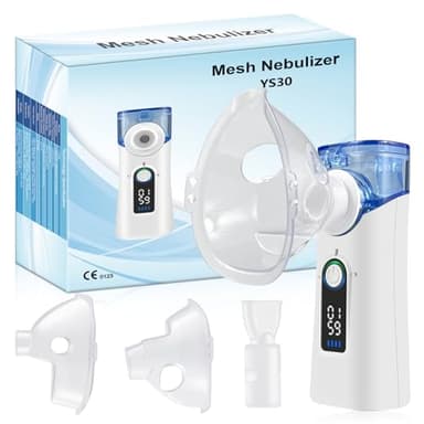Aerosol Portatile Silenzioso, Aerosol Ultrasuoni Ricaricabile USB-C con Autopulizia, Macchina Aerosol con Nebulizzazione Regolabile, 2 Maschere e Boccaglio per Adulti e Bambini, Casa e Viaggio