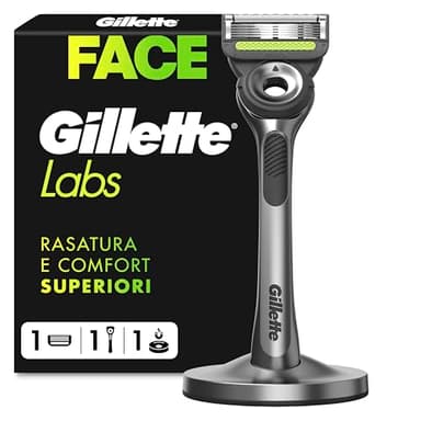 Gillette Labs Rasoio Barba Manuale con Barra Integrata, 1 Manico, 1 Lamette Gillette di Ricambio, con Base Magnetica, Grigio, Rasoio Barba e Lamette di Ricambio