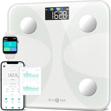 Bilancia pesapersone e percentuale grasso, RunSTAR Bilancia smart digitale e precisa con ampio display, Analizzatore di 13 dati di composizione corporea, Sync App-Bianco