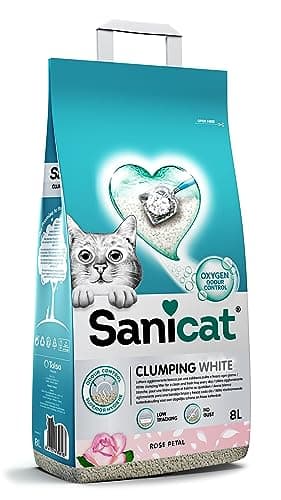 Sanicat - Lettiera per gatti agglomerante bianca all’aroma di petali di rosa, A base di minerali naturali, Assorbe l'umidità Formato da 8 L