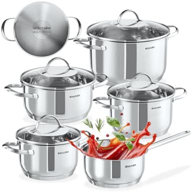 tectake® Set di Pentole, 9 Pezzi, Acciaio Inossidabile di Alta Qualità, Adatto a Induzione, Gas, Elettrico, 4 Pentole con Coperchio e Casseruola con Manico, Lavabili in Lavastoviglie
