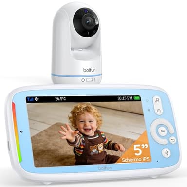 Boifun Baby Monitor con Telecamera Rotante 360° HD, Schermo IPS 5”, Audio Bidirezionale, Rilevamento Temperatura, Batteria 3050mAh, Zoom 3X, Visione Notturna,Modalità VOX, Ninne Nanne per Neonati