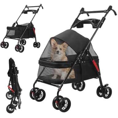 Passeggino per animali domestici a 4 ruote, leggero pieghevole per cani e gatti, portatile per animali domestici, passeggiate, portabicchieri in rete traspirante, capacità 10 kg, passeggino compatto