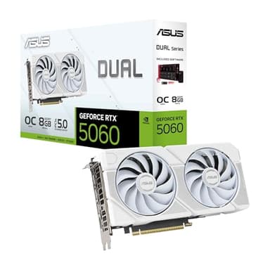 ASUS Dual NVIDIA GeForce RTX 5060 OC Edition, Scheda Grafica da 8GB GDDR7, 128 Bit, PCIe 5.0, Ventole Axial-Tech, 1 HDMI 2.1, 3 DisplayPort 2.1, GPU Tweak III, Bianco, DUAL-RTX5060-O8G-WHITE