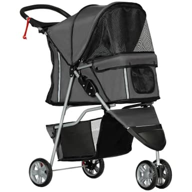 PawHut Passeggino per Cani Piccoli Pieghevole, Carrozzina per Cani con Ruote con Freni, Portabicchieri, Cestino Portaoggetti e Imbottitura Rimovibile e Lavabile, per Animali Domestici 10 kg, Grigio