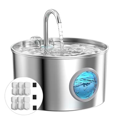 Fontanella per Gatti Acciaio: Fontana per Animali Domestici - 2.2L Fontanella Gatto - Super Silenzioso Dispenser Acqua - Mantiene l'acqua Fresca - con 6 Filtris + 3 Spugne