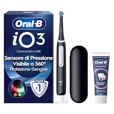 Oral-B Spazzolino Elettrico Ricaricabile iO 3 Nero, 1 Spazzolino Elettrico, 1 Testina Di Ricambio, Custodia Da Viaggio + Dentifricio Oral-B Advanced Protezione Gengive, Pulizia Denti Efficace
