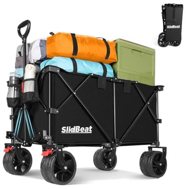 SLIDBEAT - Carrello da Giardino Pieghevole 220L, Carrello Spiaggia con Ruote Grandi, per Rimorchio per Giardino da Campeggio all'aperto Ogni Tipo di Terreno, Portata fino a 150kg