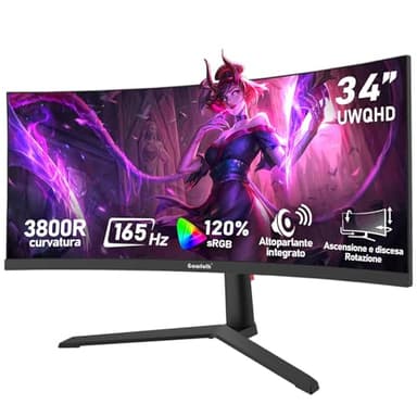 Gawfolk Monitor Gaming Curvo Ultrawide 34 Pollici 165Hz, Schermo PC 3800R 21:9 UWQHD (3440x1440), 120% sRGB, 1ms, Adaptive Sync, Display Port, HDMI, Regolabile in Altezza, Altoparlanti Integrati -Nero