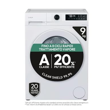 Candy ProWash 300 Lavatrice 9 Kg, 1400 Giri, Classe A -20% Più Efficiente, Vapore, Programmi Rapidi 14-59 Min, Motore Inverter BPM, 85 x 59,5 x 60,1 cm (A x L x P), Bianca, GD 498-S