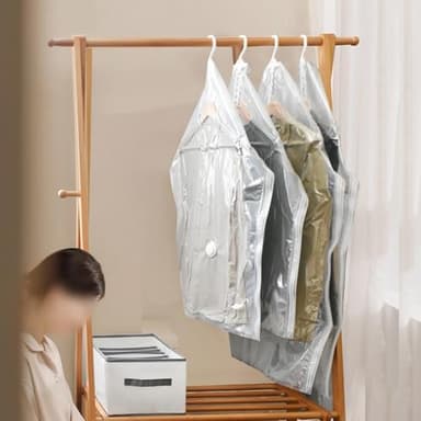 Qualoramall Sacchetti sottovuoto da appendere con pompa elettrica, confezione da 4 sacchetti di compressione salvaspazio per vestiti, abiti, giacche, abbigliamento invernale da viaggio, trasparenti