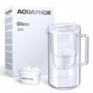 AQUAPHOR Caraffa Filtrante per Acqua in Vetro con 1 Cartucce MAXFOR+ 200L - Capacità 2,5 L - Bianco