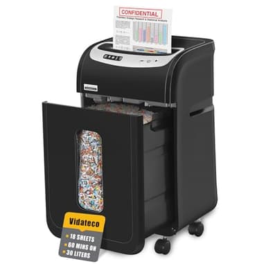 Distruggi documenti da 18 Fogli, VidaTeco Micro-Cut Tritacarte per CD e Carte di Credito, 60 Minuti di Uso Continuato, Cestino da 30 Litri, Trituratore ad Alta Sicurezza(P-4) per Casa e Ufficio, Nero