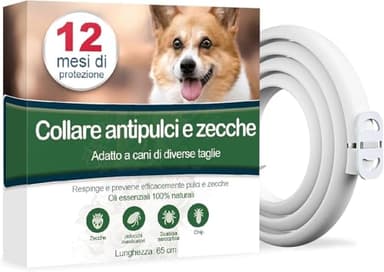 Collare Antiparassitario per Cani, Antiparassitario Collare Antipulci cane per Tutti i Tipi di Cani, Regolabile Impermeabile, 12 Mesi di Efficacia Protezione, 65cm Taglia Unica (65cm)