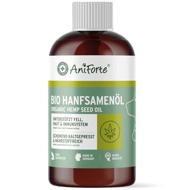 AniForte Olio di Semi di Canapa biologico per cani e gatti 500 ml - Puro e spremuto a freddo come additivo all'alimentazione cruda, prodotto naturale di prima qualità senza additivi