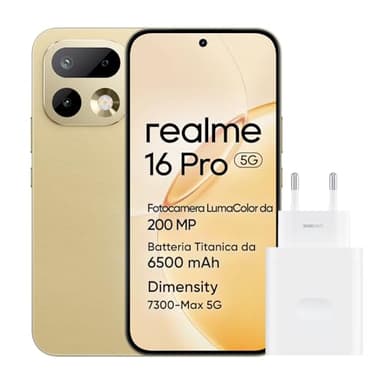 realme 16 Pro 5G Smartphone, 8GB+256GB, Display AMOLED 144Hz 6,78", Batteria 6500mAh, Fotocamera 200MP OIS, IP69K, Ricarica Rapida 45W, Doppia SIM, Next AI, Oro