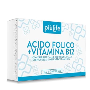 Acido Folico 400 μg Con B12 160 Compresse PiùLife, 1 Al Giorno, Folina Integratore Acido Folico E Vitamina B12, Energia Contro Stanchezza E Affaticamento, Mamma