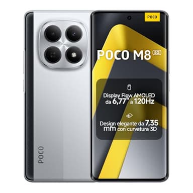 XIAOMI POCO M8 5G, Smartphone 8+512GB, Display AMOLED FIoW 6,77" 120Hz, Snapdragon® 6 Gen 3, Doppia fotocamera AI 50MP, Design curvo 3D da 7,35 mm, Argento, Garanzia 2 anni, Caricatore non incluso