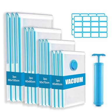 Sacchi Sottovuoto Vestiti, 12 PC Vacuum Bag Travel, Sacchetti Sottovuoto con Pompa a Mano, Viaggio Accessori Utili per Coperte Piumino Cuscini Trapunte Traslochi(80x100cm/60x80cm/50x70cm/40x60cm)