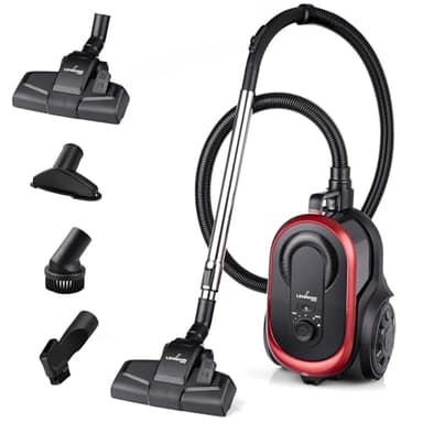 LEHMANN Aspirapolvere a Traino senza Sacco, Potente Tecnologia Ciclonica, Doppio Filtro HEPA per Allergici, Capacità 2,5 L, Serbatoio facile da Pulire, Design Compatto, Set di Accessori, Nero/rosso