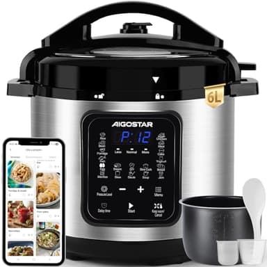 Aigostar Pentola a Pressione Elettrica 6L 1000W, 18 Programmi Automatici, 3 Livelli di Pressione Regolabili, 24H Timer, Funzione Mantieni Caldo, Display LED, Interno Antiaderente, Nero