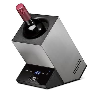 CASO WineCase One Inox - Raffreddatore di vino dal design per una bottiglia, temperatura regolabile da 5 a 18 °C, adatto a bottiglie fino a 9 cm di diametro, con controllo touch, acciaio inox