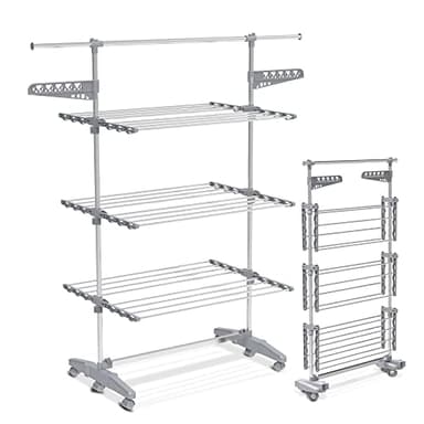 VOUNOT® Stendino Verticale in Acciaio Inox, Stendibiancheria Pieghevole con 3 Ripiani Regolabili e 6 Ruote, Grigio