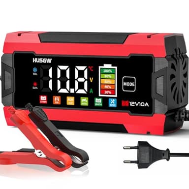 12V 10A Caricabatterie per Auto,LiFePO4 Caricabatteria per Moto, Processo di Carica a Tre Fasi, Molteplici Funzioni di Sicurezza, Adatto per Auto, Moto, AGM, GEL, Wet, SLA e LiFePO4 (Rosso 10)