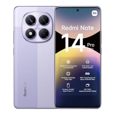 Xiaomi Smartphone Redmi Note 14 Pro 5G, 8+256GB, Viola, Fotocamera AI di grado professionale da 200MP, IP68, ricarica turbo da 45 W con batteria da 5110 mAh, funzioni AI (caricabatterie non incluso),
